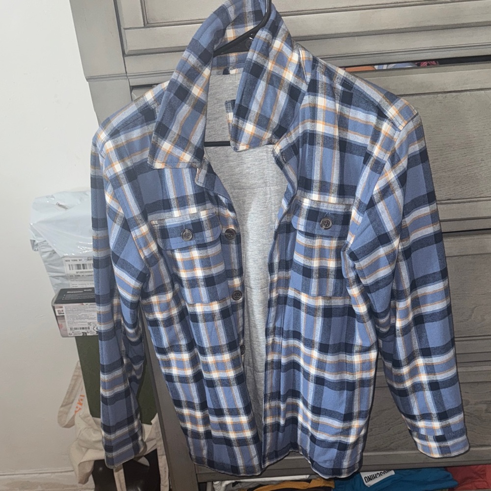 GAP Blue and White Plaid Shirt Jacket with Tan Accents